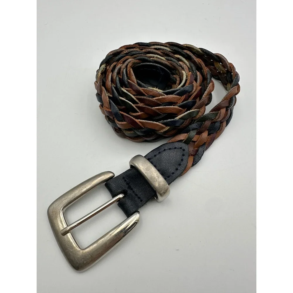 Vintage Braided Leather Belt XL Multicolor Brown Navy Western Boho Casual Silver